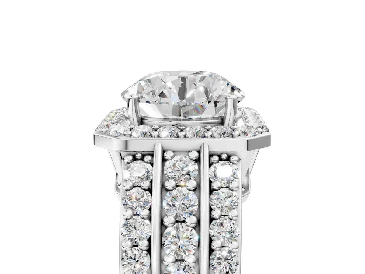 Round Cut Halo Diamond Ring with Round Split Shank and Prong Setting Platinum