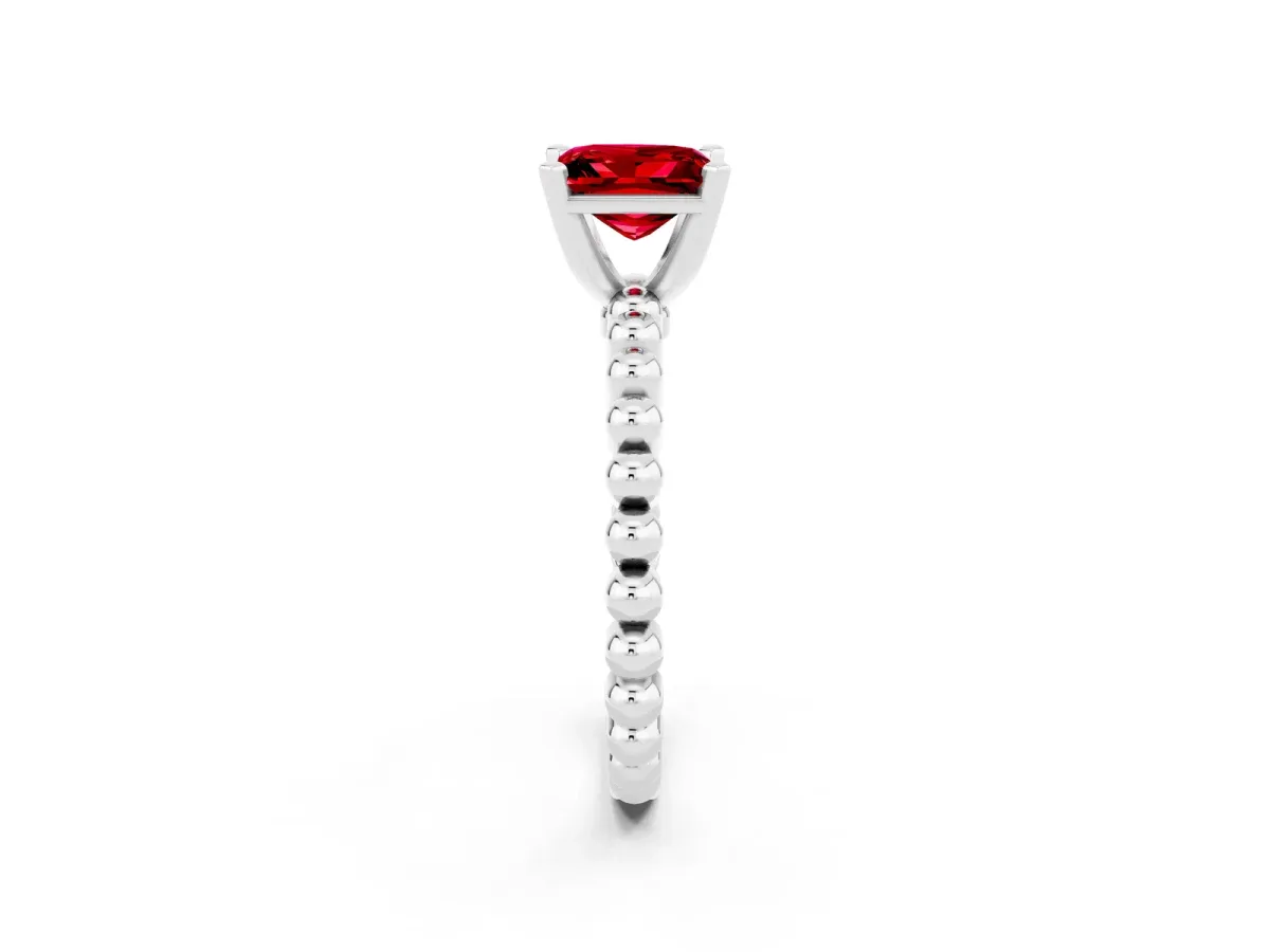 Princess Cut Ruby Solitaire Ring with Beaded Band and Prong Setting Silver