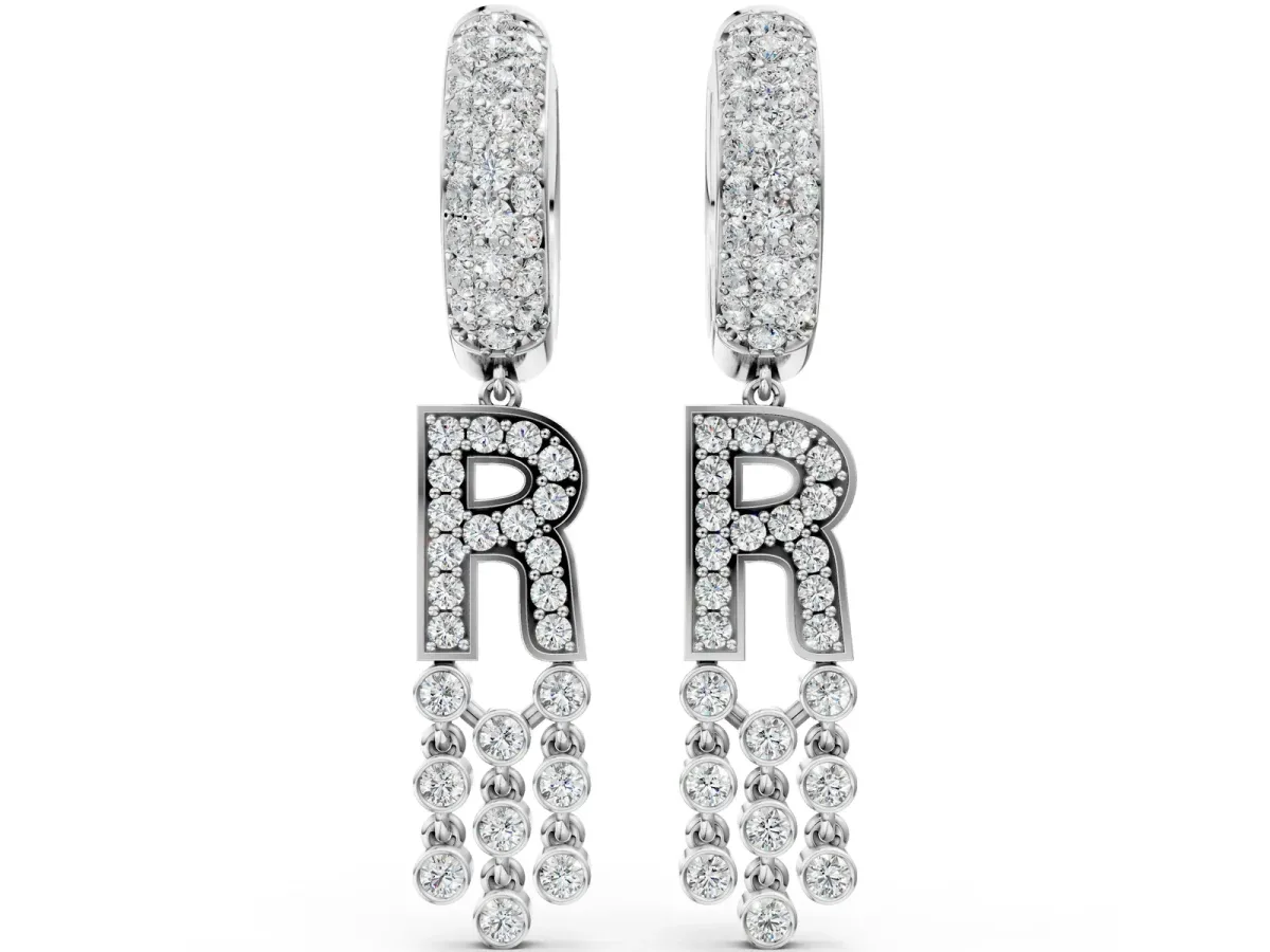 Round Diamond Initial R Huggie Hoop Earrings Platinum