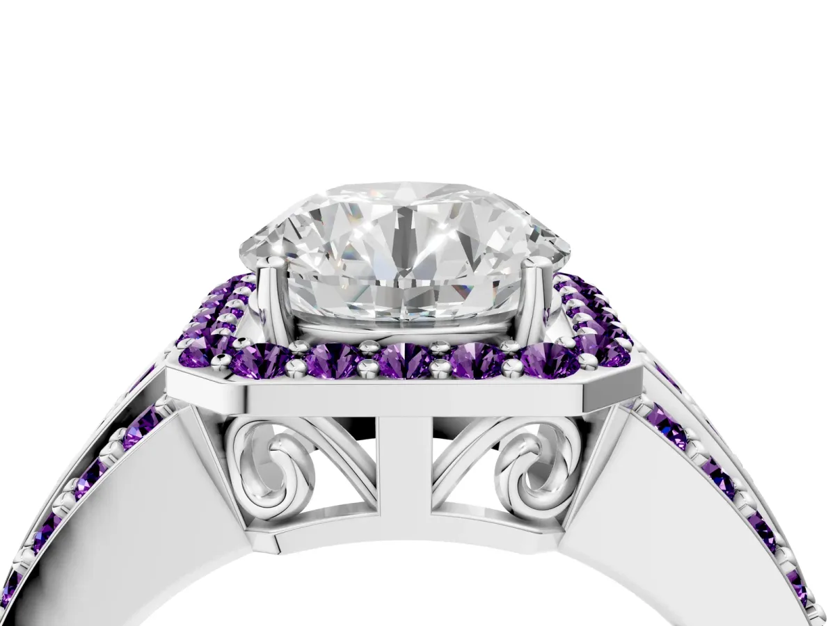Round Cut Halo Diamond Ring with Round Tanzanite Split Shank and Prong Setting Silver