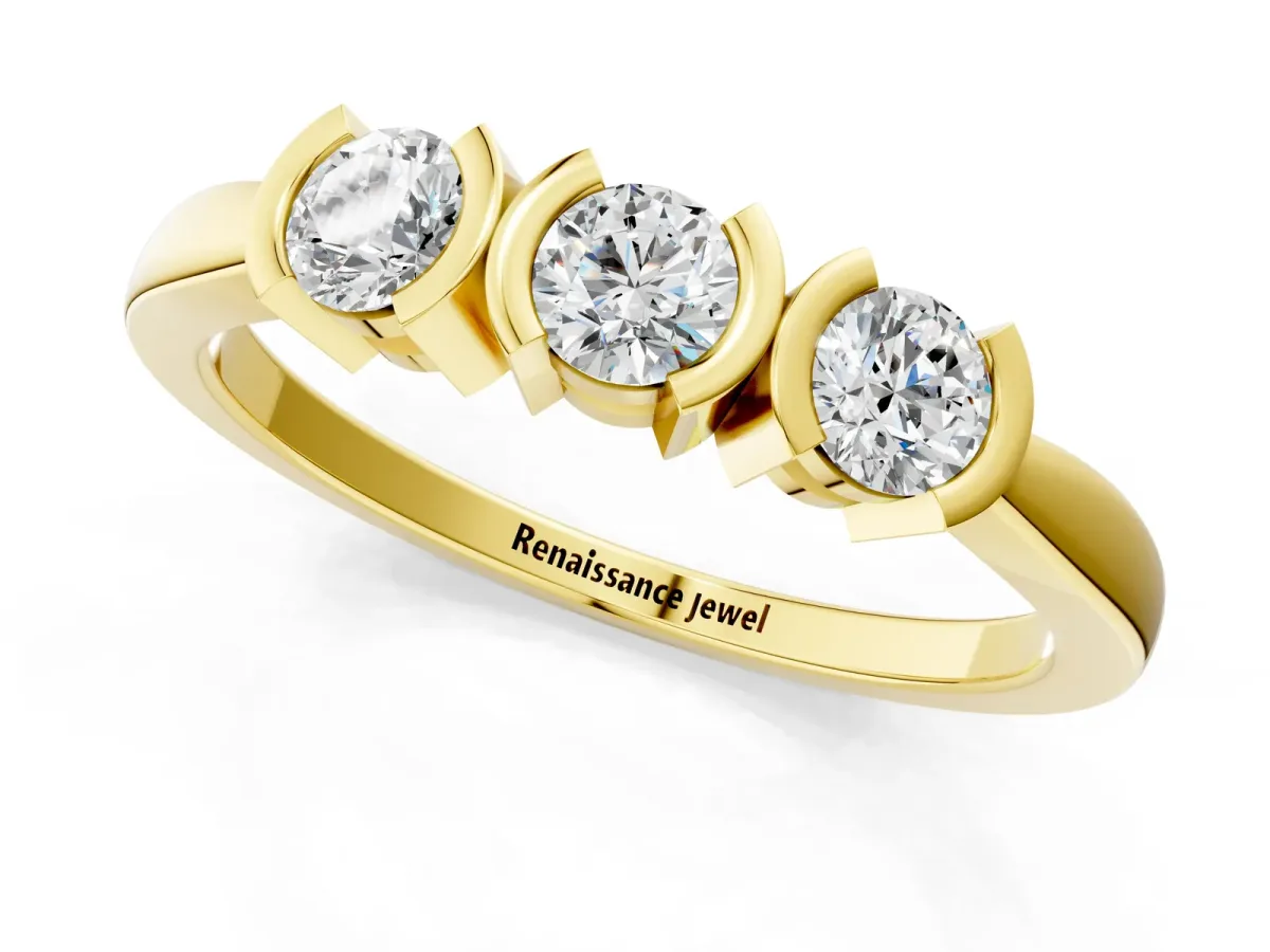 Three-Stone Round Diamond Half Bezel Prong Band Yellow gold