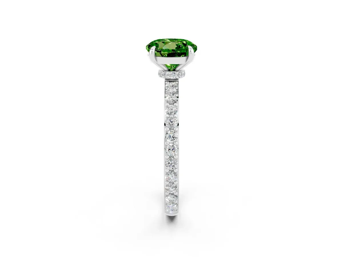 Round Cut Peridot Solitaire Engagement Ring with Pavé Band and Four-Prong Setting Platinum