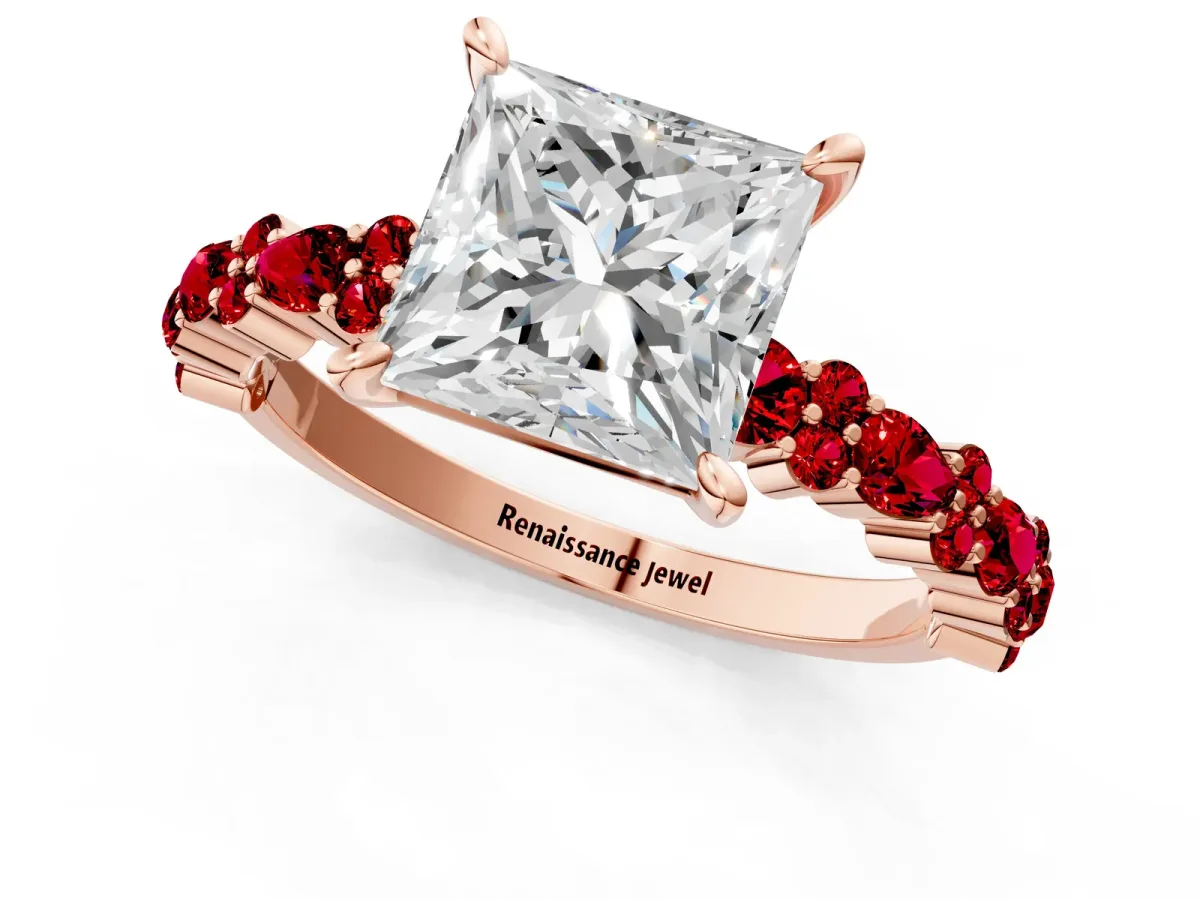 Princess Cut Diamond Side Stone Solitaire Ring with Round Ruby and Four-Prong Setting Rose gold