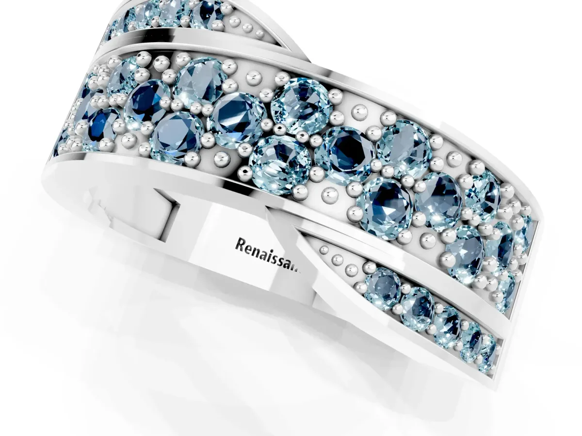 Pavé Round Aquamarine Crossover Band with Bead Prong Setting Silver