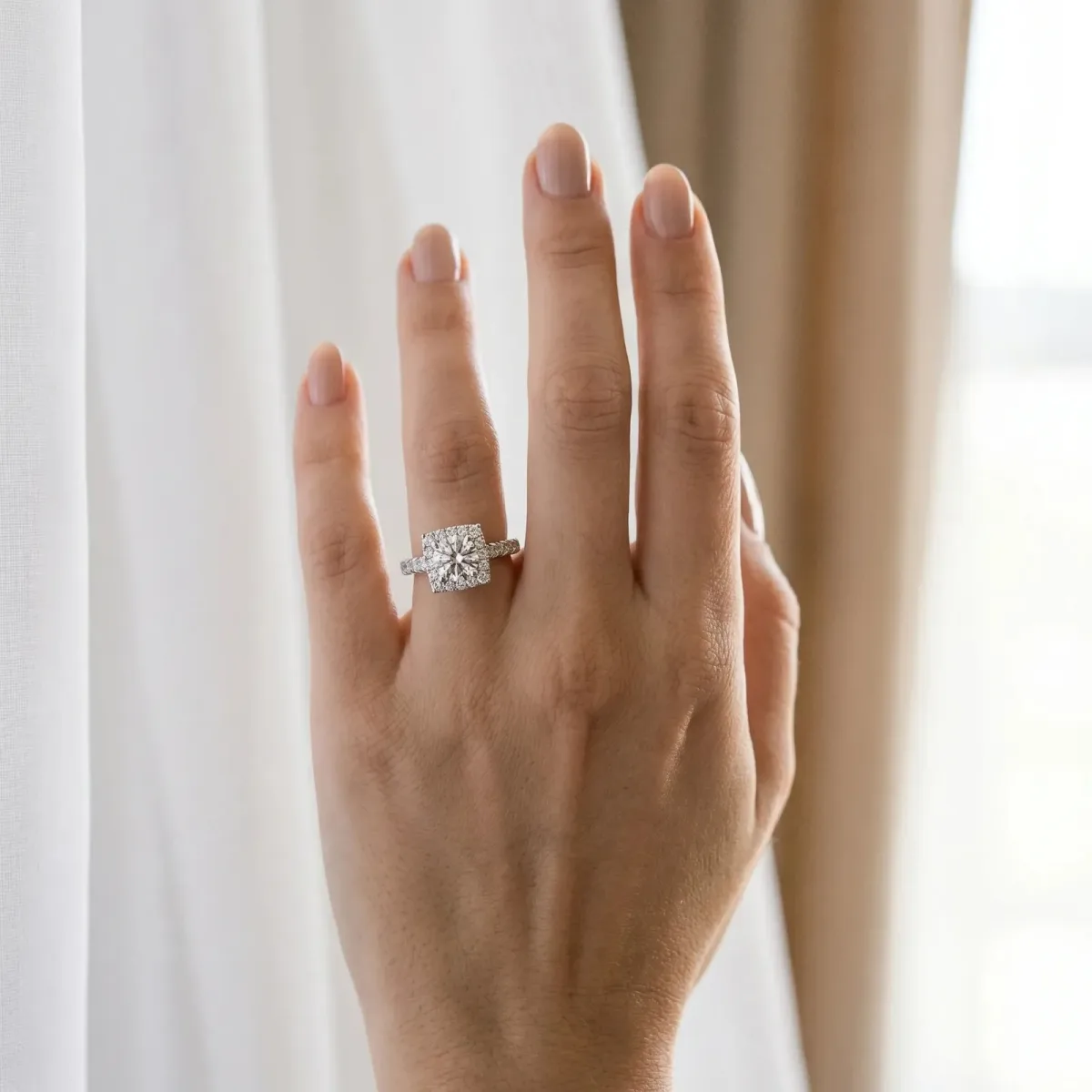 Halo Round Cut Diamond Pave Band Prong Setting Ring Silver