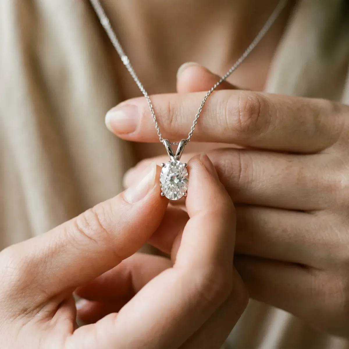 Oval Solitaire Diamond Prong Pendant Silver