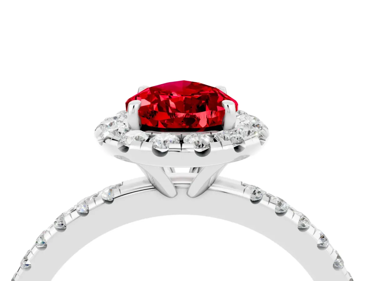 Pear Cut Ruby Halo Ring with Round Pavé Band and Prong Setting Platinum