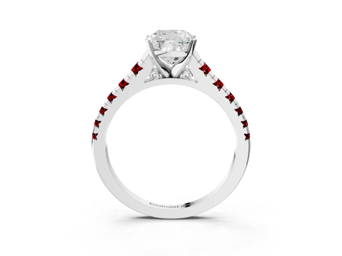 Cushion Cut Diamond Cathedral Solitaire Ring with Round Ruby Pavé Band Platinum