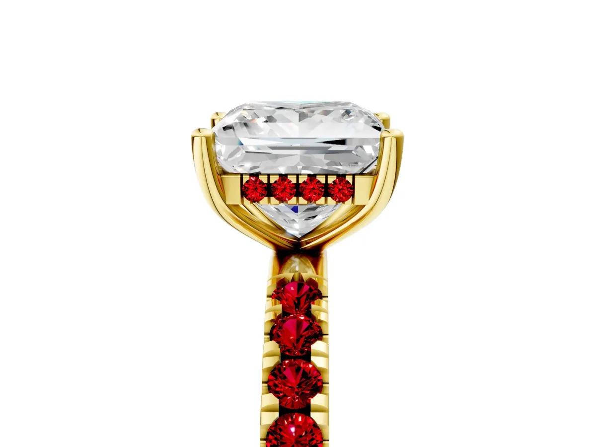 Princess Cut Diamond Pave Band Solitaire Ring with Round Ruby and Prong Setting Yellow gold