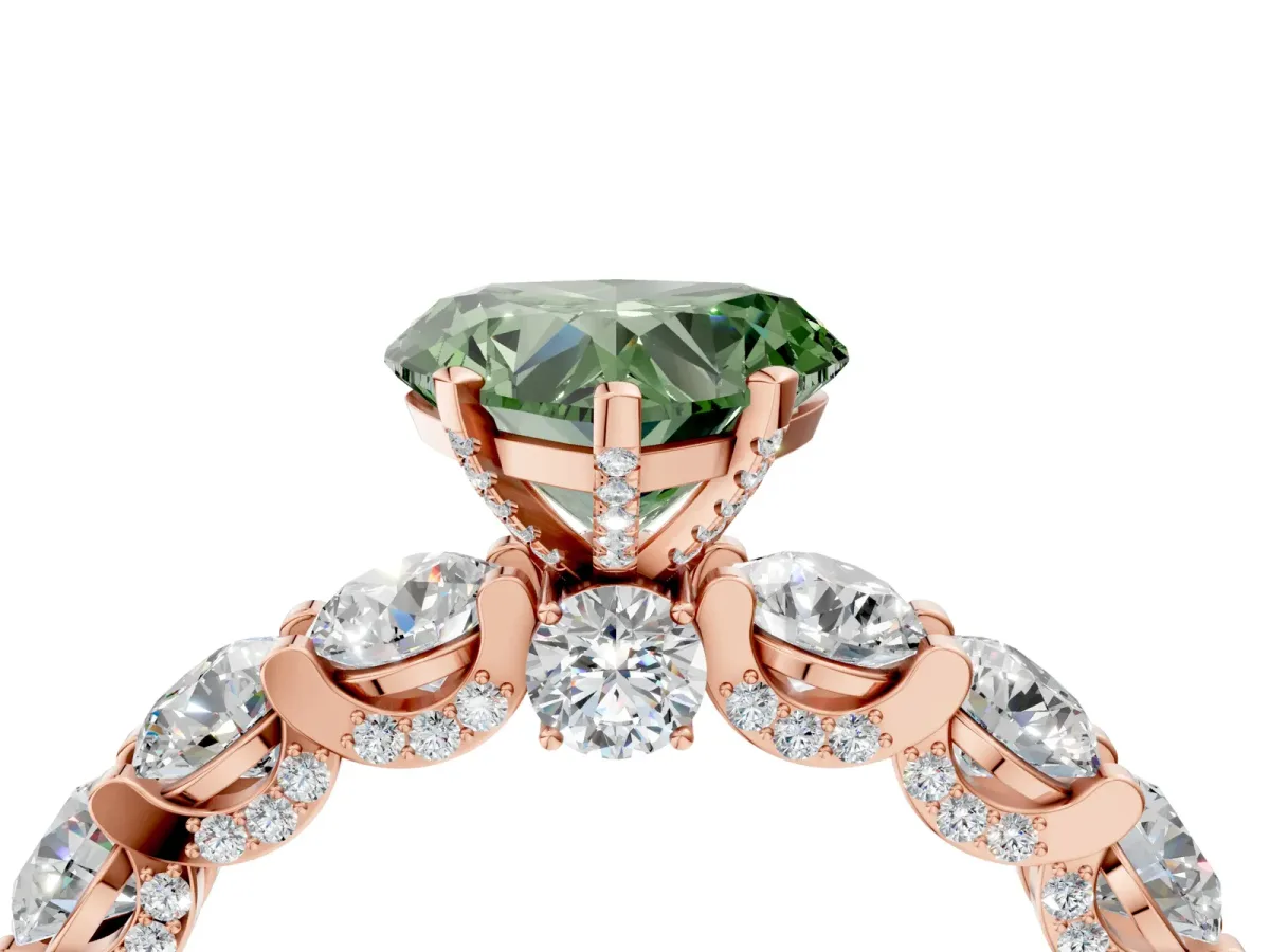 Fancy Green Heart Cut Diamond Side Stone Engagement Ring with Four-Prong Setting Rose gold