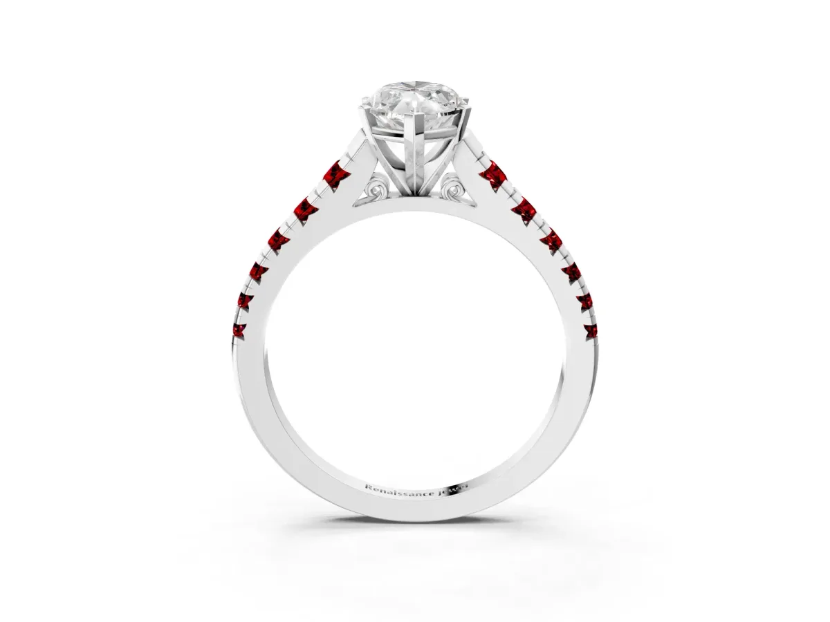 Marquise Cut Diamond Cathedral Solitaire Ring with Round Ruby Pavé Band Silver