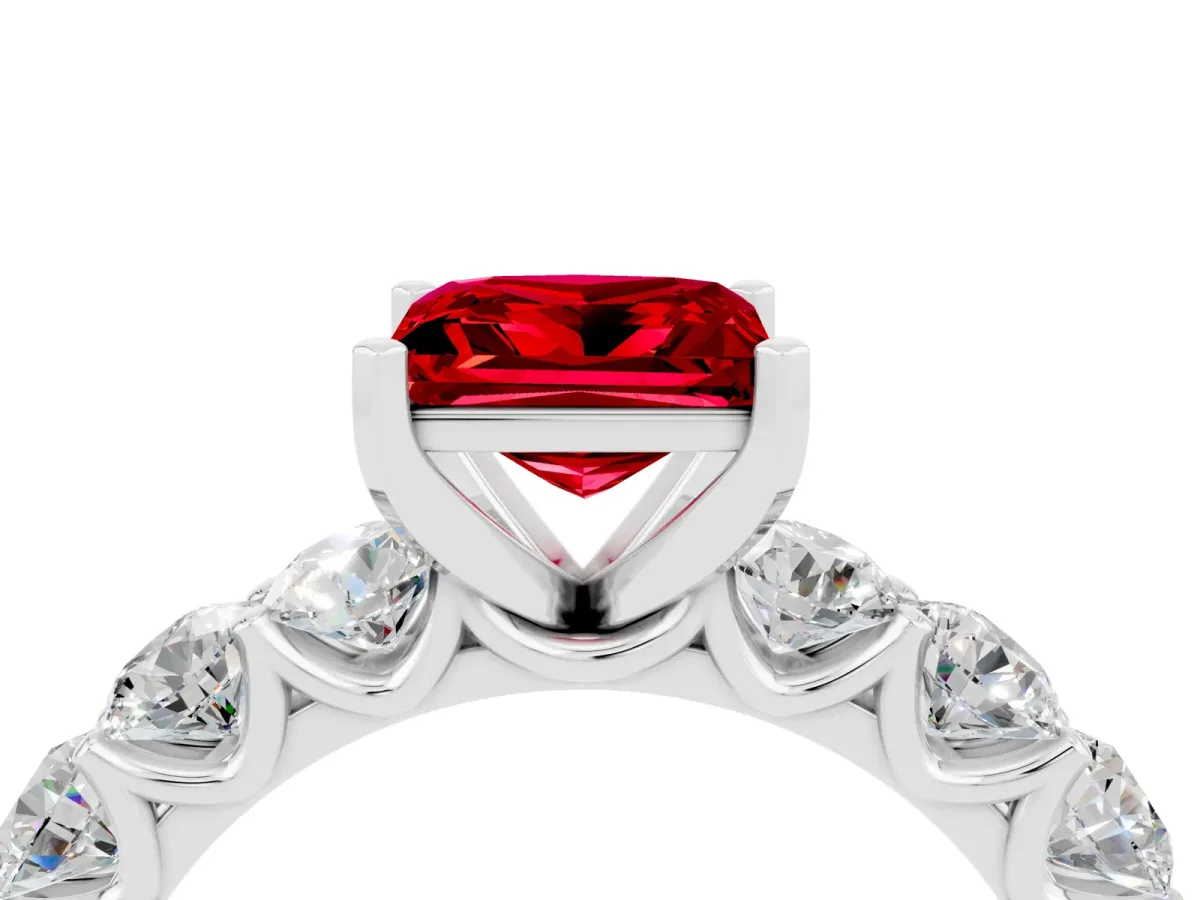Princess Cut Ruby Prong Setting with Side Stones on a Pave Band Platinum