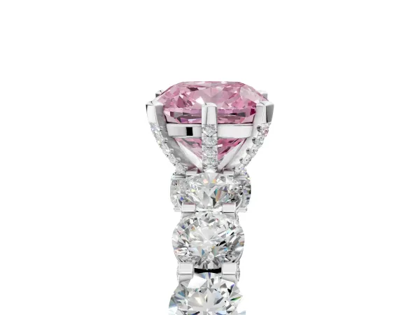Fancy Pink Cushion Cut Diamond Side Stone Engagement Ring with Four-Prong Setting Platinum