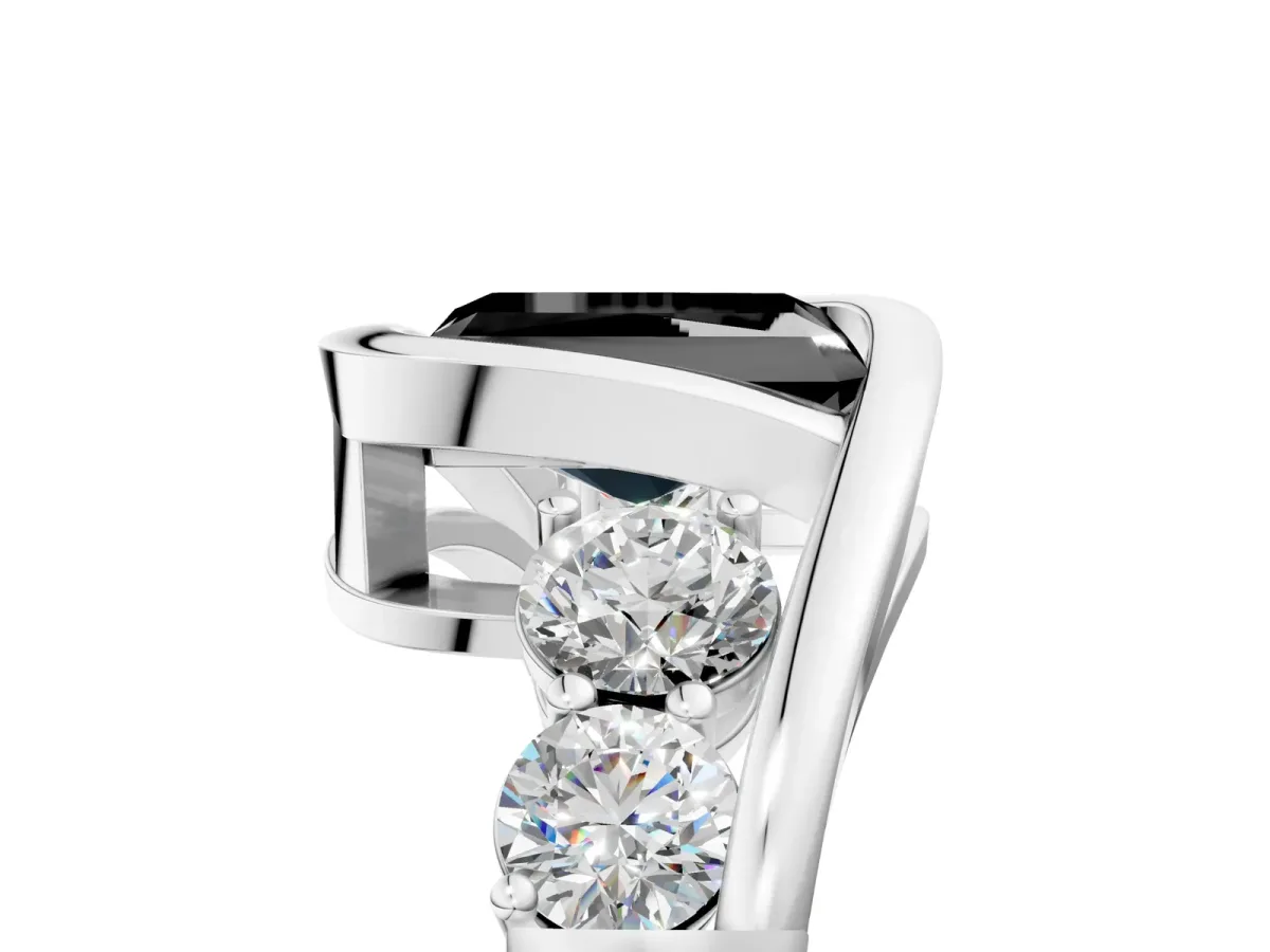 Fancy Black Bezel Set Radiant Cut Diamond Bypass Ring with Round Accents Platinum
