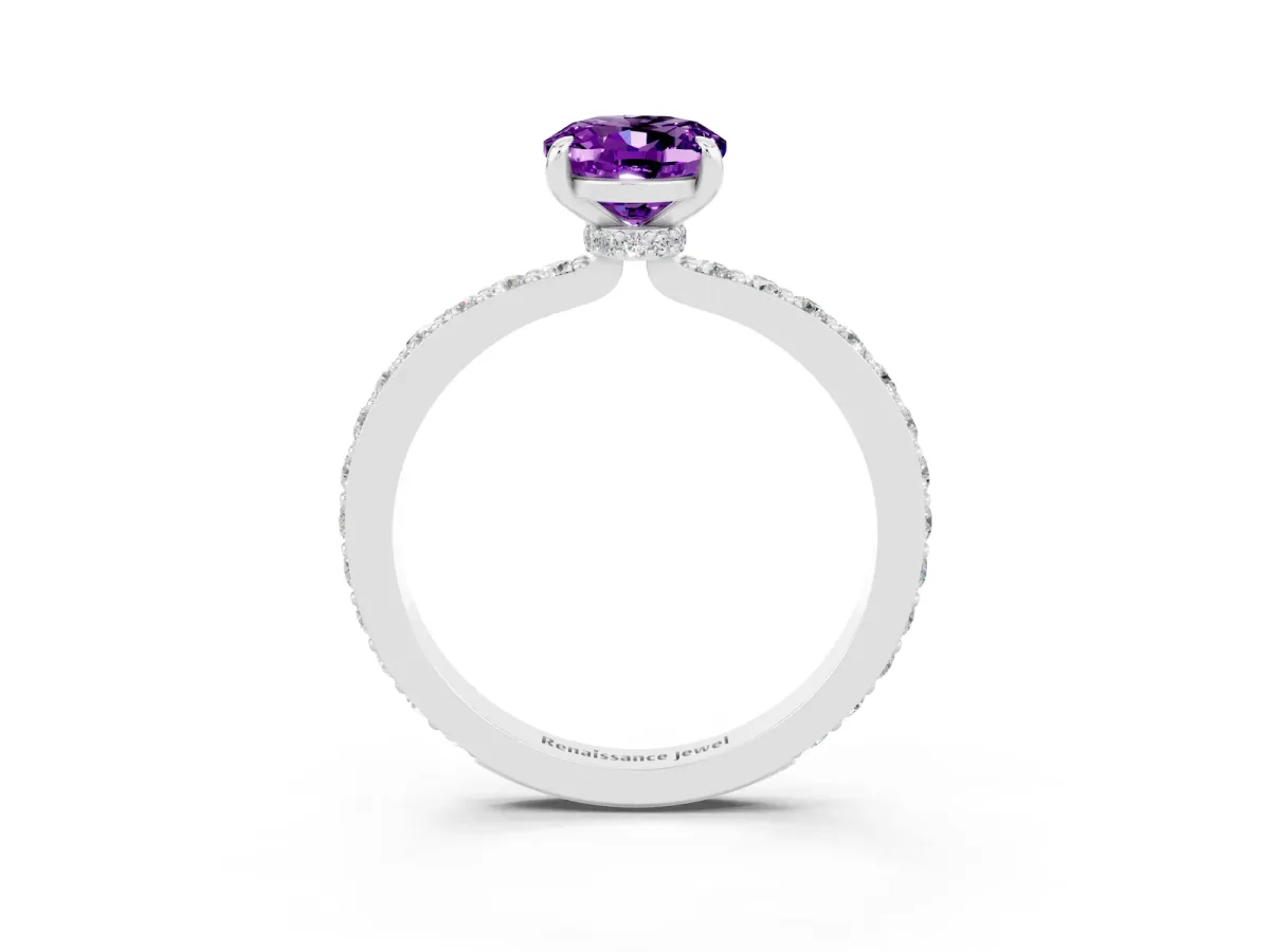 Oval Cut Amethyst Solitaire Engagement Ring with Pavé Band and Four-Prong Setting Platinum