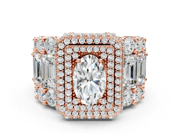 Oval Diamond Halo Mens Ring with Baguette Side Stones Rose gold