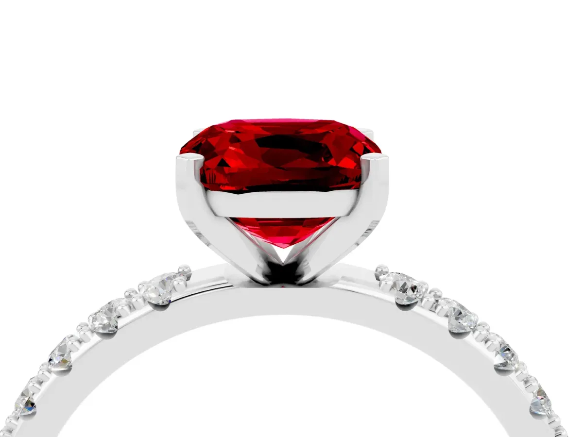 Cushion Cut Ruby Solitaire Pavé Band with Four-Prong Setting Platinum