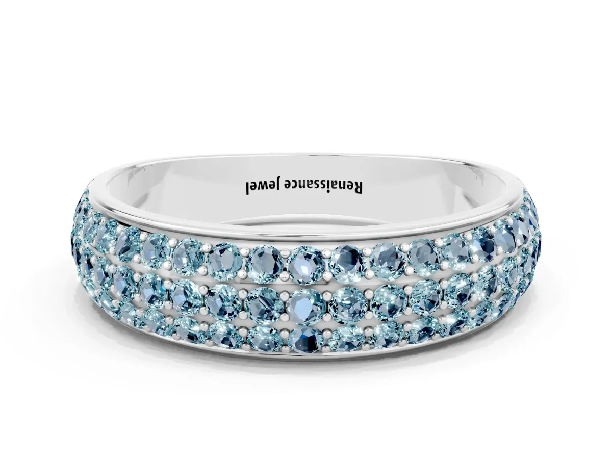 Three-Row Round Aquamarine Eternity Band with Shared Prong Setting Platinum