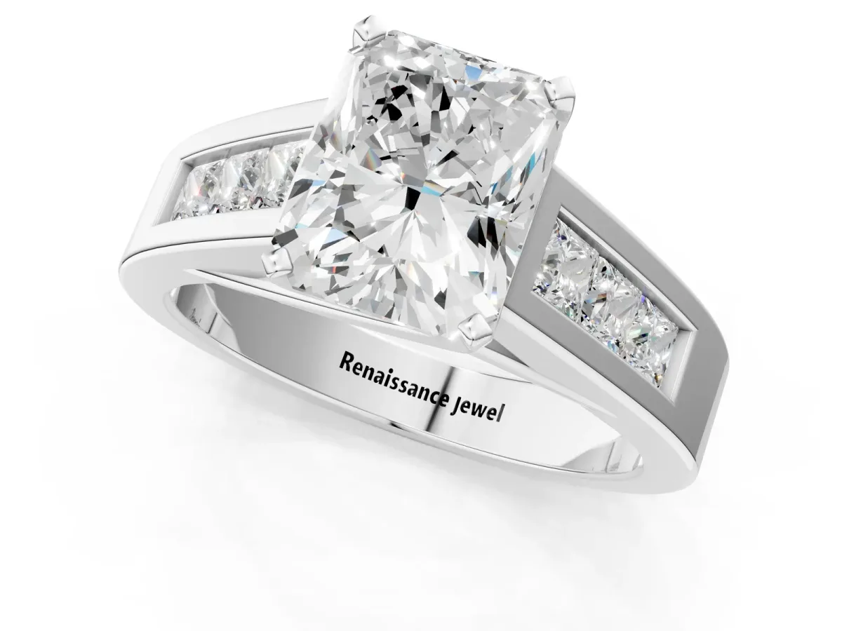 Radiant Cut Cut Channel Set Solitaire Ring with Four-Prong Setting Platinum