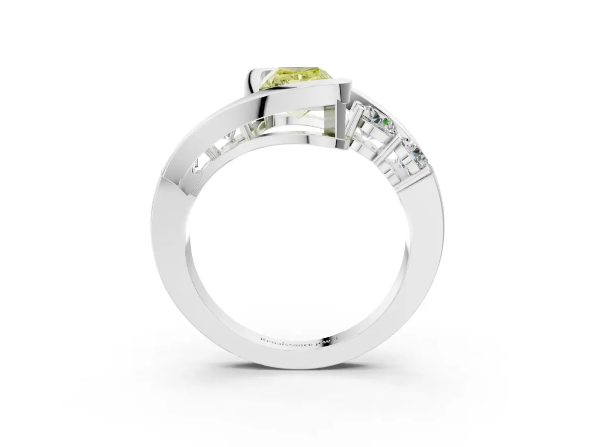 Fancy Yellow Bezel Set Radiant Cut Diamond Bypass Ring with Round Accents Platinum