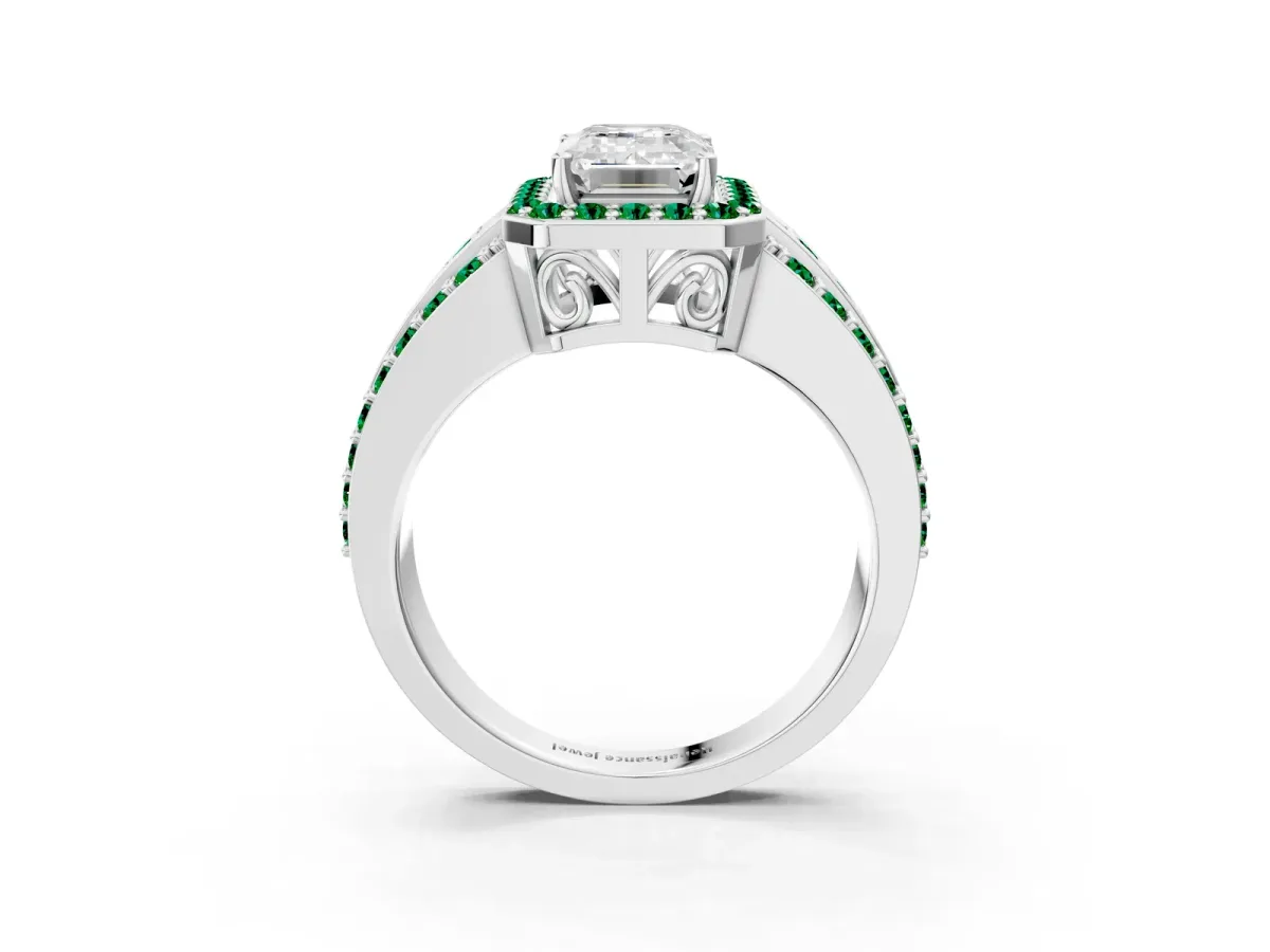 Emerald Cut Halo Diamond Ring with Round Emerald Split Shank and Prong Setting Platinum