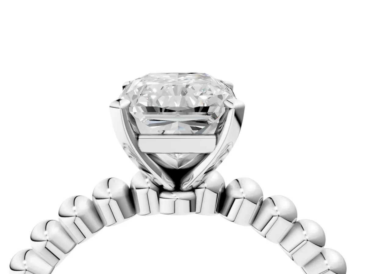Radiant Cut Diamond Solitaire Ring with Beaded Band and Prong Setting Platinum