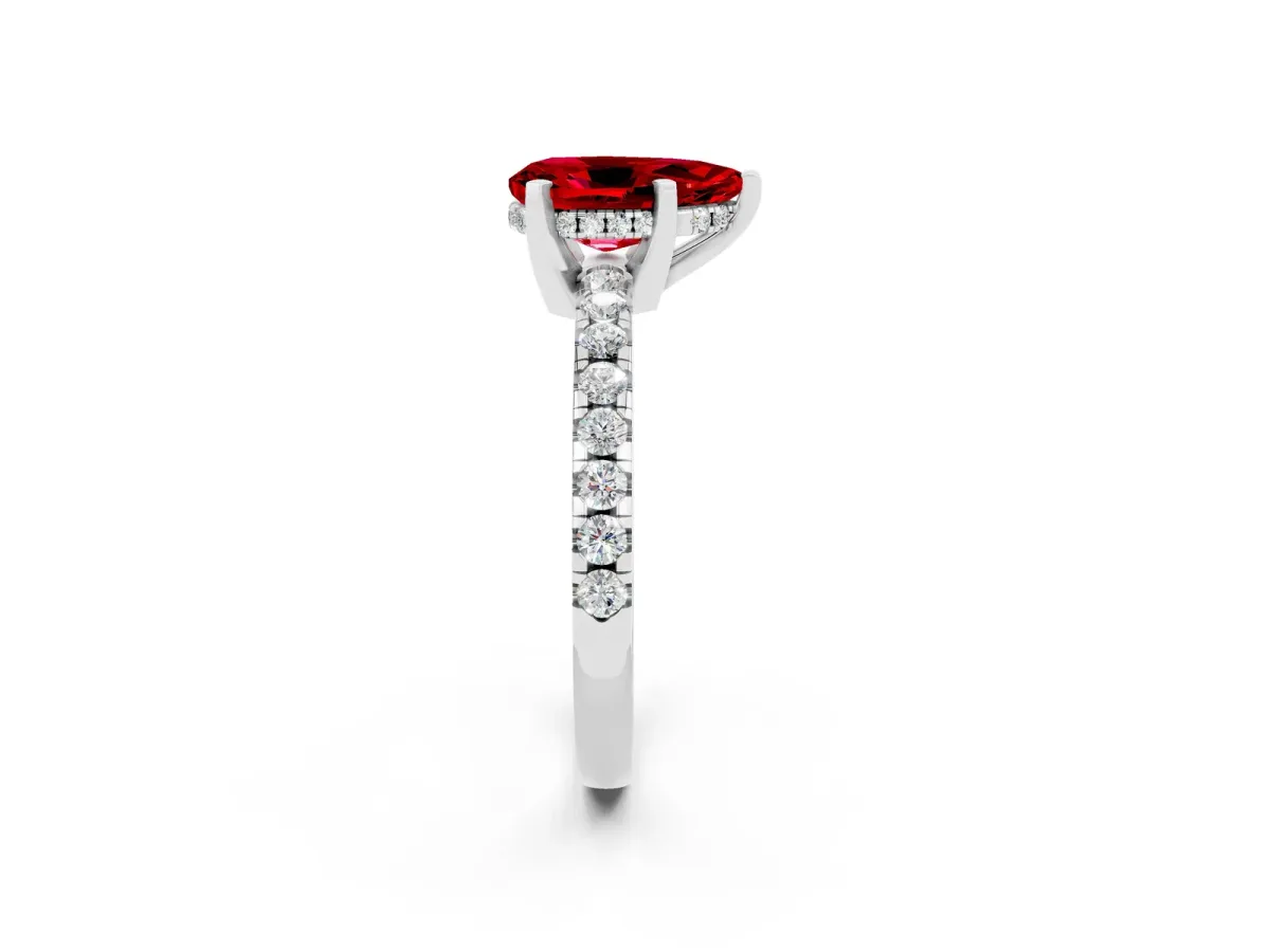 Pear Cut Ruby Solitaire Ring with Round Pavé Band and Four-Prong Setting White gold