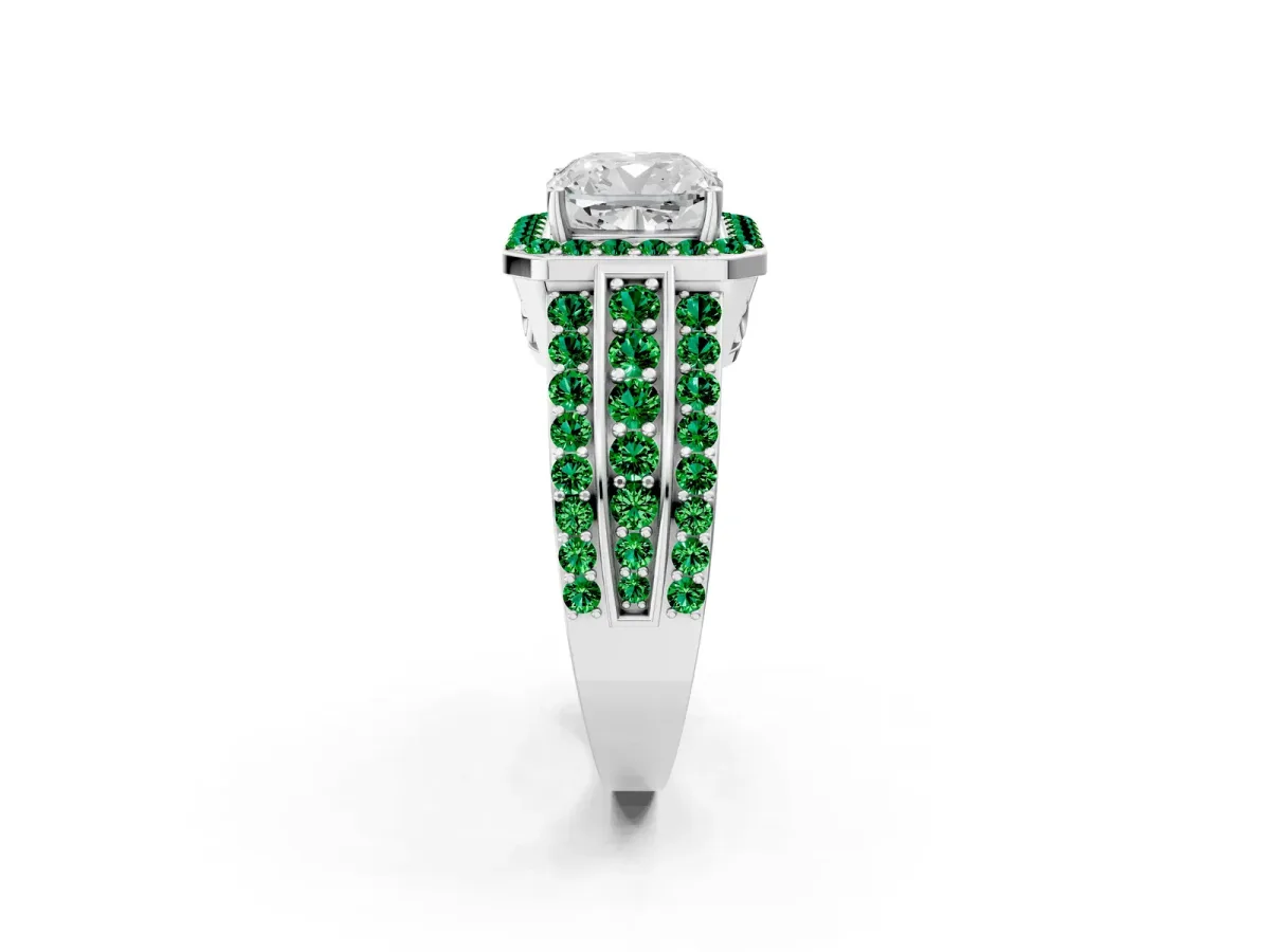 Cushion Cut Halo Diamond Ring with Round Emerald Split Shank and Prong Setting Silver