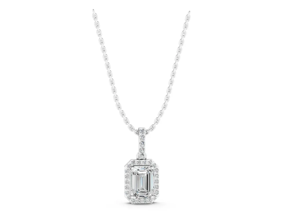 Emerald Cut Halo Diamond Pendant with Prong Setting Silver