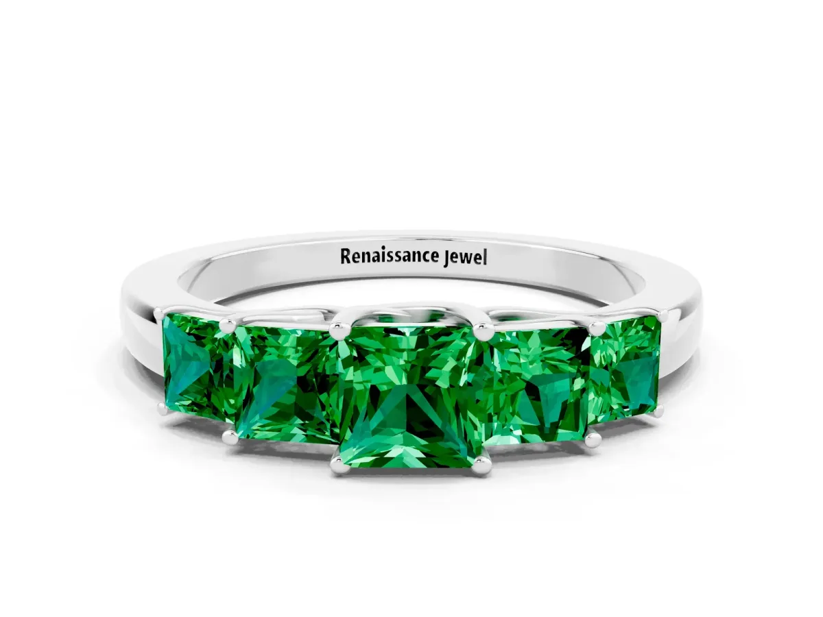 Princess Cut Five-Stone Emerald Ring with Classic Prong Setting Silver