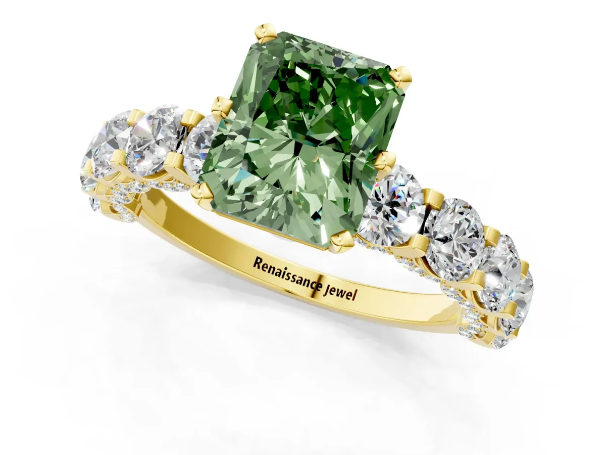 Fancy Green Radiant Cut Diamond Side Stone Engagement Ring with Four-Prong Setting Yellow gold