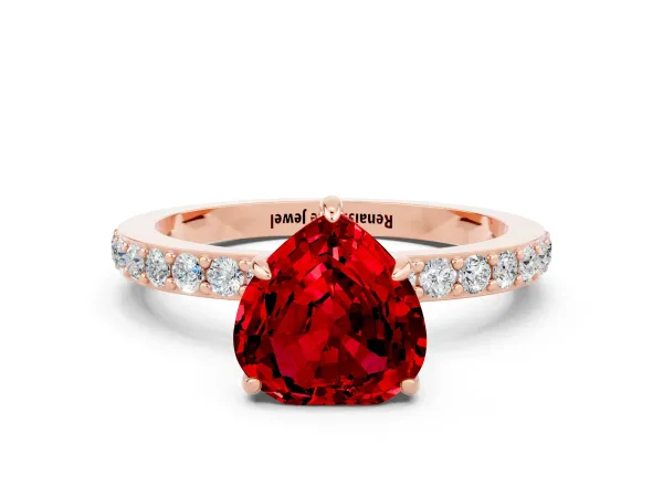 Heart Cut Ruby Solitaire Engagement Ring with Pavé Band and Four-Prong Setting Rose gold