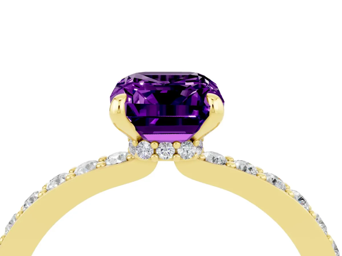 Emerald Cut Amethyst Solitaire Engagement Ring with Pavé Band and Four-Prong Setting Yellow gold
