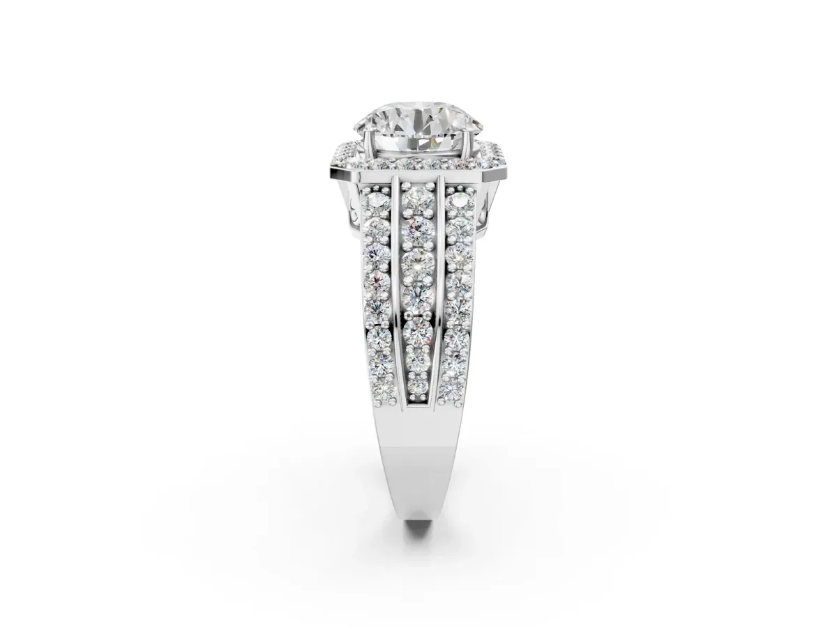 Round Cut Halo Diamond Ring with Round Split Shank and Prong Setting Platinum