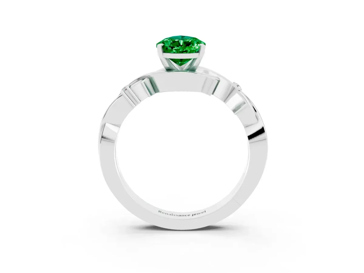 Pear Cut Emerald Solitaire Ring with Twisted Band and Prong Setting Platinum