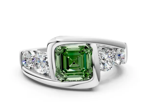 Fancy Green Bezel Set Asscher Cut Diamond Bypass Ring with Round Accents Platinum