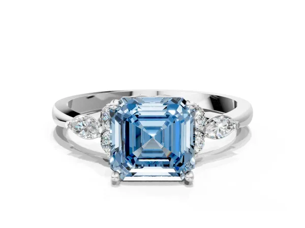 Fancy Blue Asscher Cut Brilliant Diamond Solitaire Ring with Pear Side Stones and Four-Prong Setting Platinum