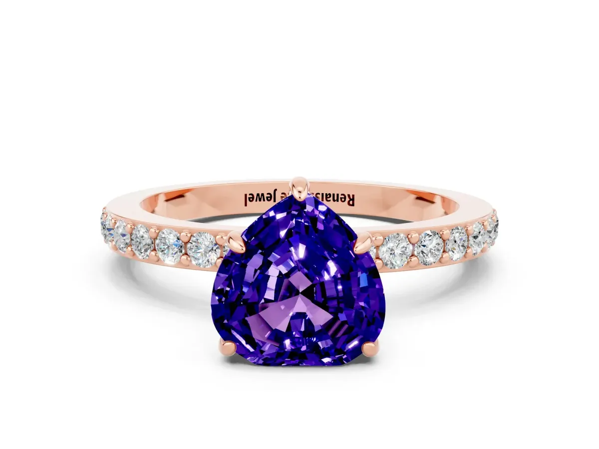 Heart Cut Tanzanite Solitaire Engagement Ring with Pavé Band and Four-Prong Setting Rose gold