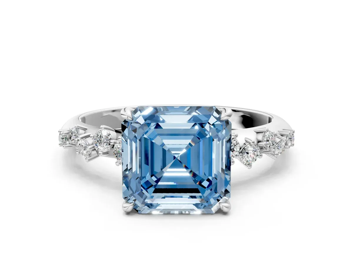 Fancy Blue Asscher Cut Diamond Cluster Side Stone Solitaire Ring with Prong Setting Platinum
