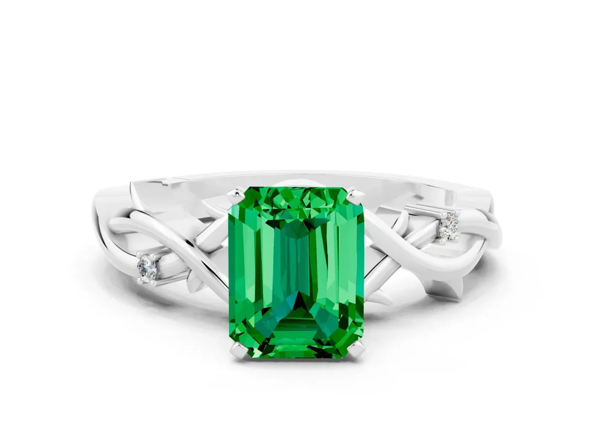 Emerald Cut Emerald Solitaire Ring with Twisted Band and Prong Setting Silver