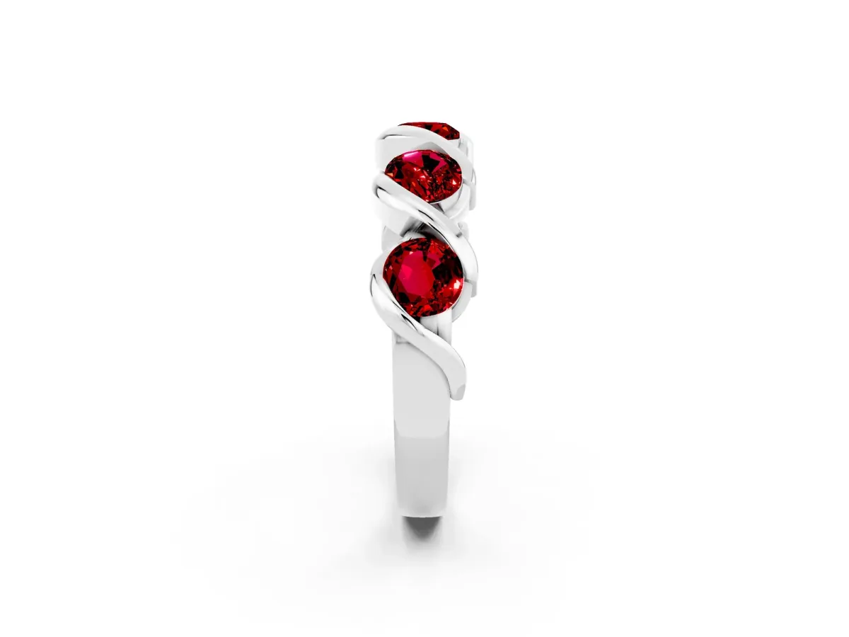 Round Ruby Wave Band with Channel Setting and Shared Prongs White gold