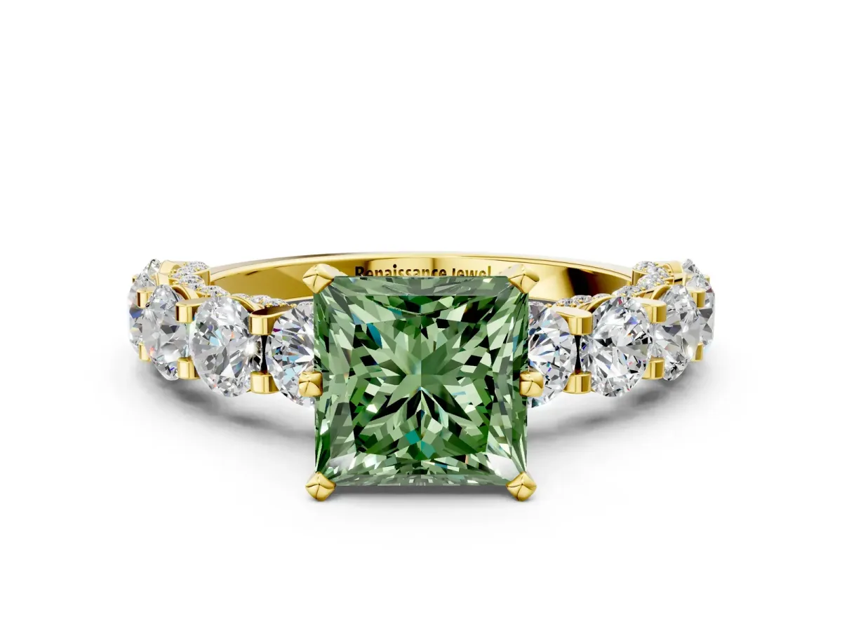 Fancy Green Princess Cut Diamond Side Stone Engagement Ring with Four-Prong Setting Yellow gold