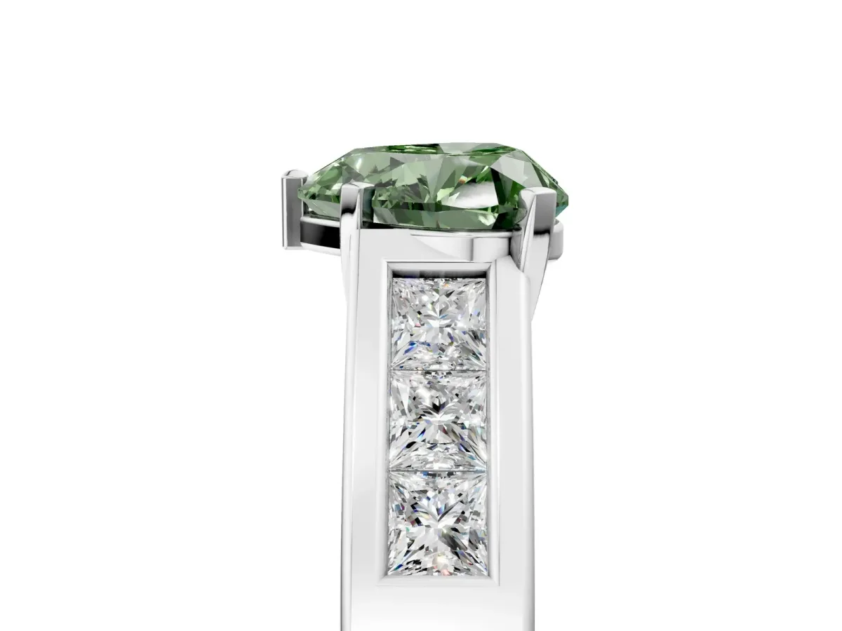 Fancy Green Heart Cut Cut Channel Set Solitaire Ring with Four-Prong Setting Silver