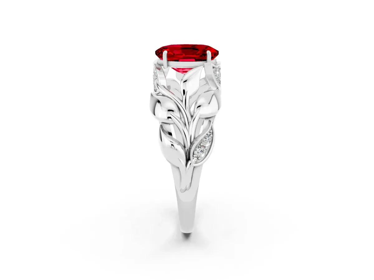 Oval Cut Ruby Leaf-Inspired Engagement Ring with Round Accents and Prong Setting Platinum