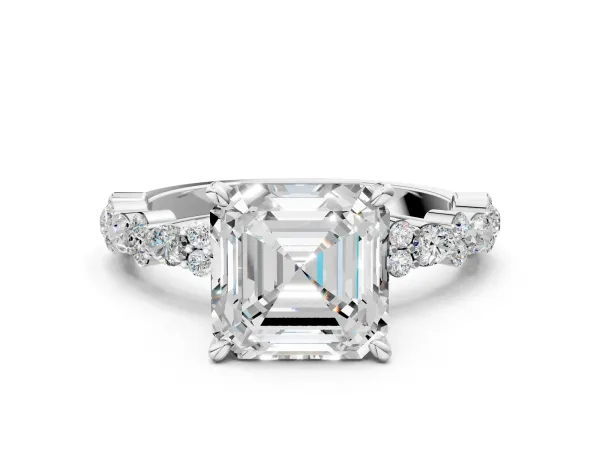Asscher Cut Diamond Side Stone Solitaire Ring with Round Moissanite and Four-Prong Setting Platinum