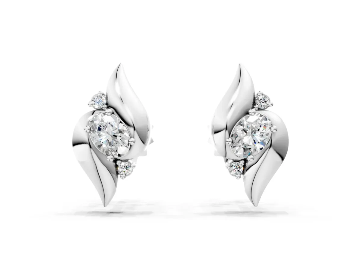 Oval Diamond Shell Stud Earrings White gold
