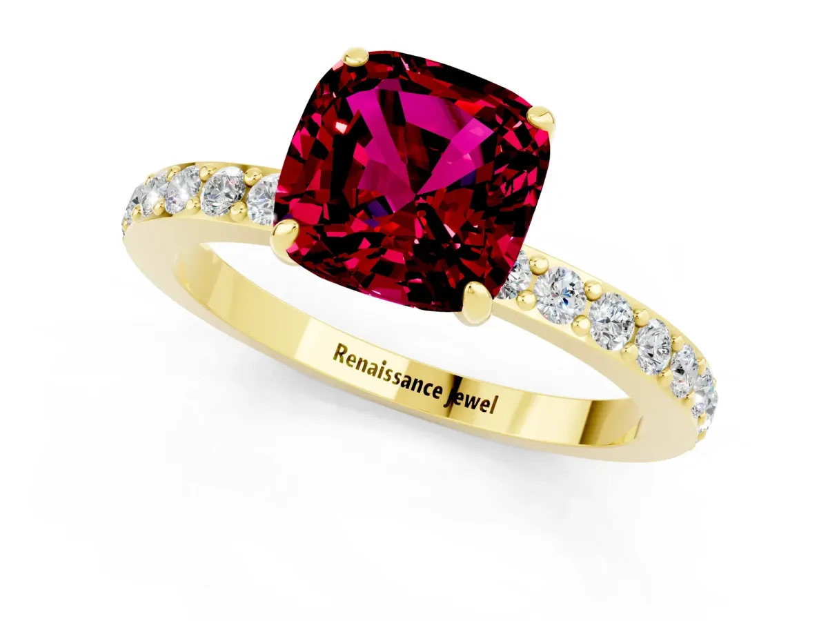 Cushion Cut Garnet Solitaire Engagement Ring with Pavé Band and Four-Prong Setting Yellow gold
