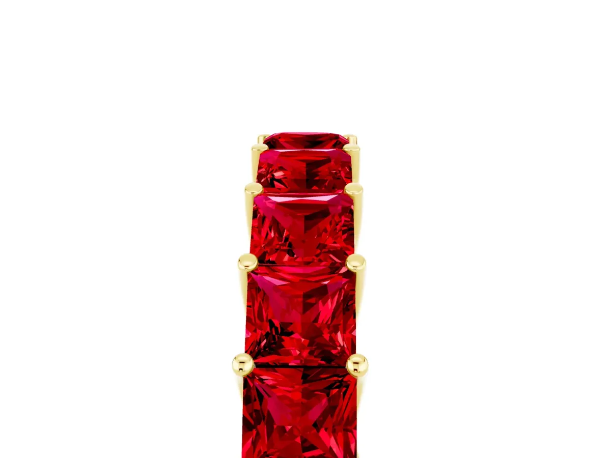 Princess Cut Ruby Channel-Set Eternity Band with Prong Setting Yellow gold