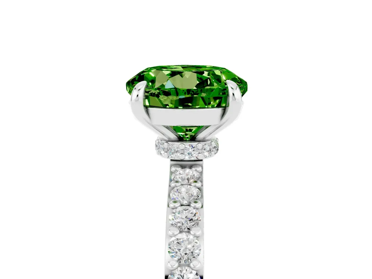 Round Cut Peridot Solitaire Engagement Ring with Pavé Band and Four-Prong Setting Platinum