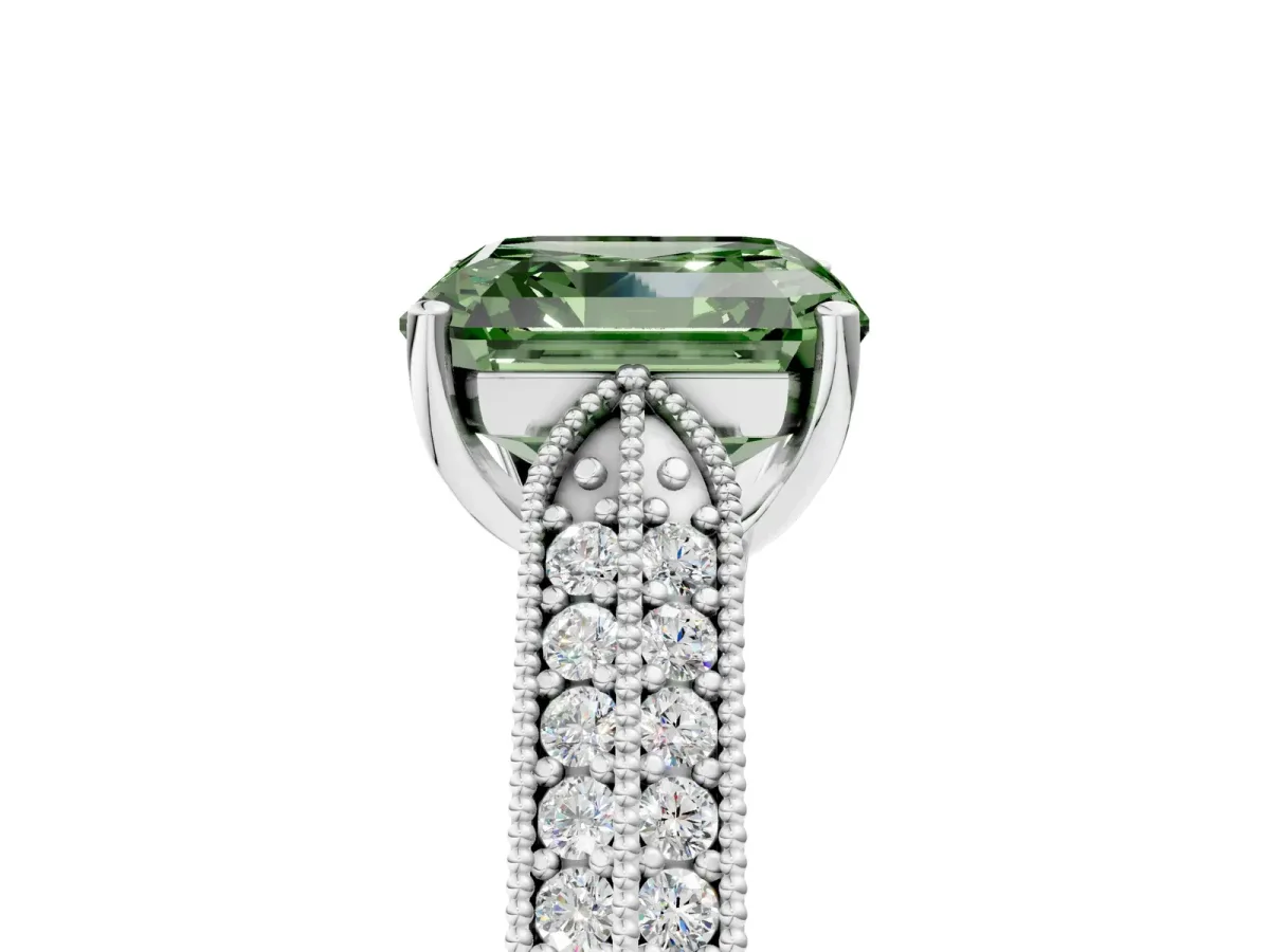 Fancy Green Asscher Cut Cut Pave Split Shank Engagement Ring with Four-Prong Setting Platinum